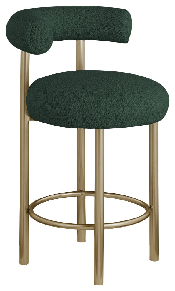 Bordeaux Upholstered Stool, Green, Boucle Fabric, Brushed Brass, Set of 2