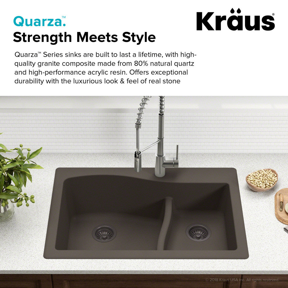 Kraus KGD-442 Quarza 33" Dual Installation Double Basin Composite - Grey