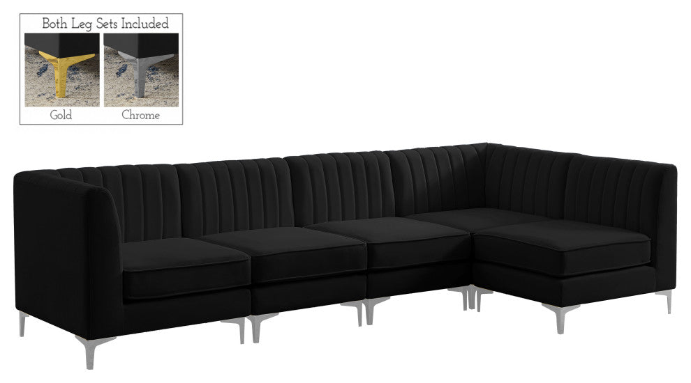 Alina Velvet Modular L-Shaped Modular Sectional, Black, 5-Piece: 3 Armless Chair, 2 Corner Chair