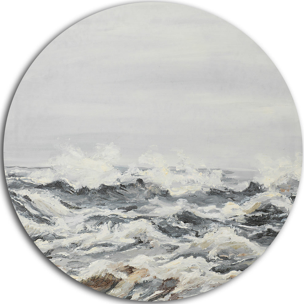 Grey Sea Waves, Seascape Painting Disc Metal Wall Art, 23"