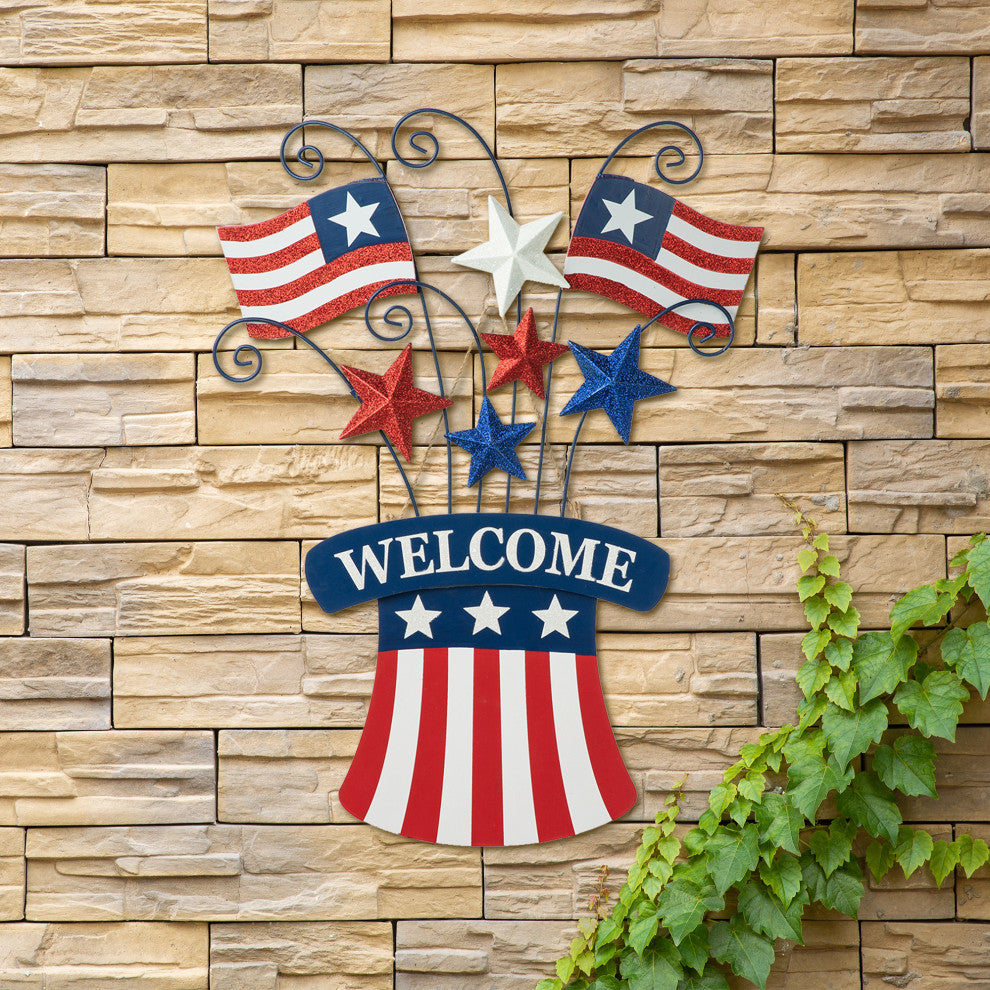 30.25"H Wooden/Metal Patriotic Flags Yard Stake/Wall Decor