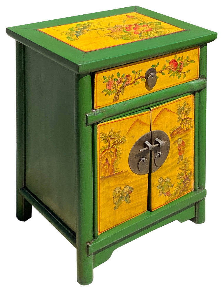 Oriental Distressed Green Yellow Kids Graphic End Table Nightstand Hcs7339
