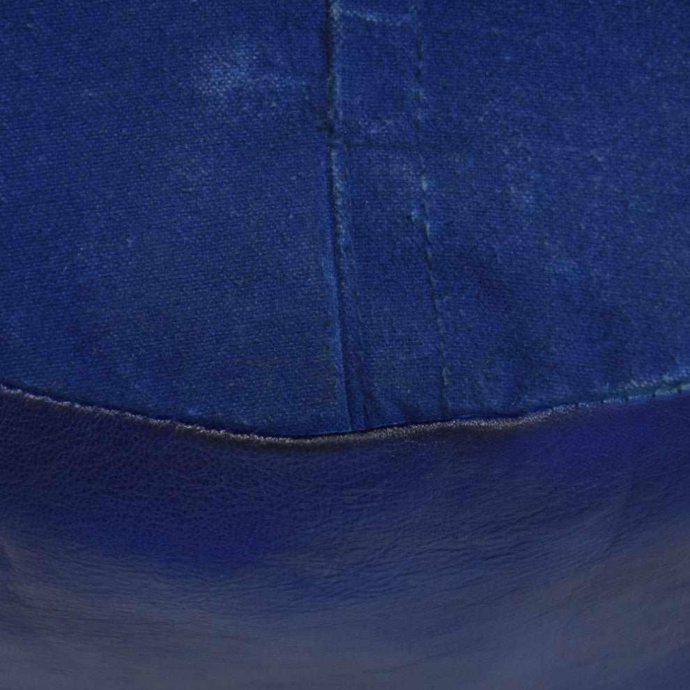 Pouf-Solid Handmade Leather Pouf (Recycled Foam with Fiber Fill), Blue, [Round)16x16x16