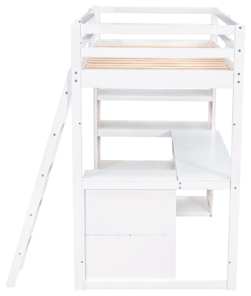 Gewnee Wood Twin Size Loft Bed with Ladder and Desk in White