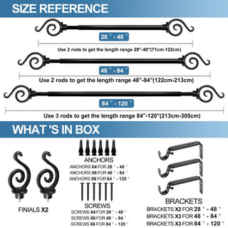 Classic Forged Iron French Scroll Curtain Rod, Black, 48"-84"