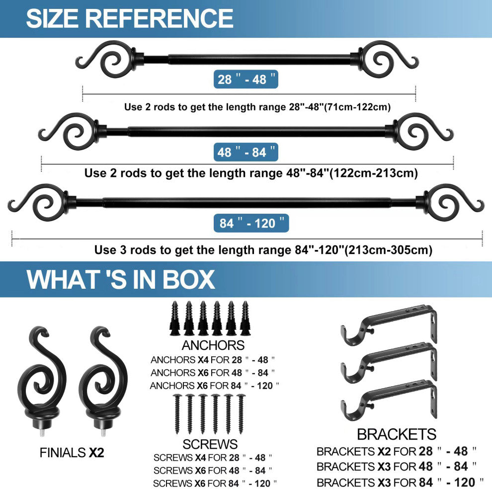 Classic Forged Iron French Scroll Curtain Rod, Black, 48"-84"