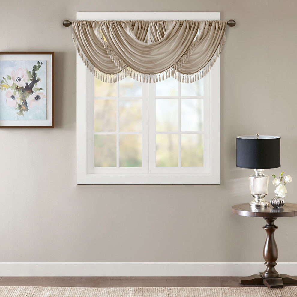 Madison Park Elena Silky Sheer Window Valance with Tassels, Bronze, Champagne