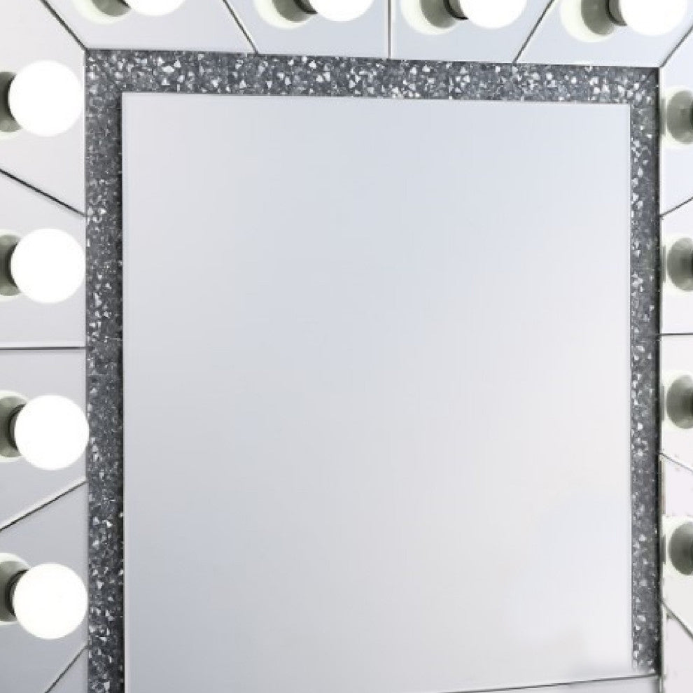 Benzara BM274651 Lighted Wall Mirror, 12 Bulb Sockets, Faux Diamond Trim, Silver