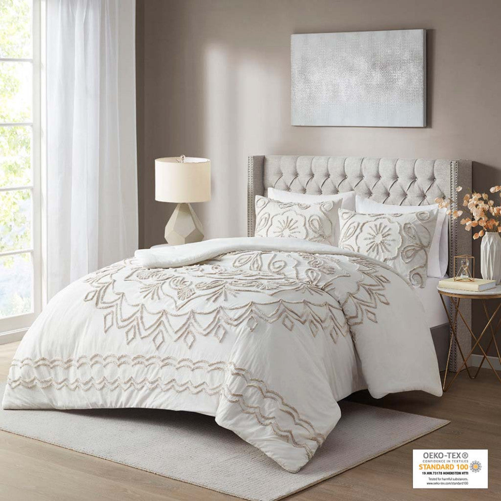 Madison Park Violette Tufted Medallion Comforter/Duvet Cover Set, Ivory Taupe