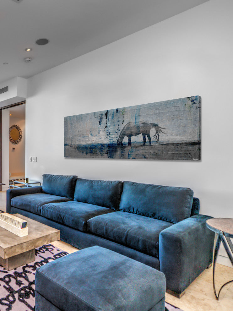 "Horse Grazing Blue" Painting Print on Wrapped Canvas, 30"x10"