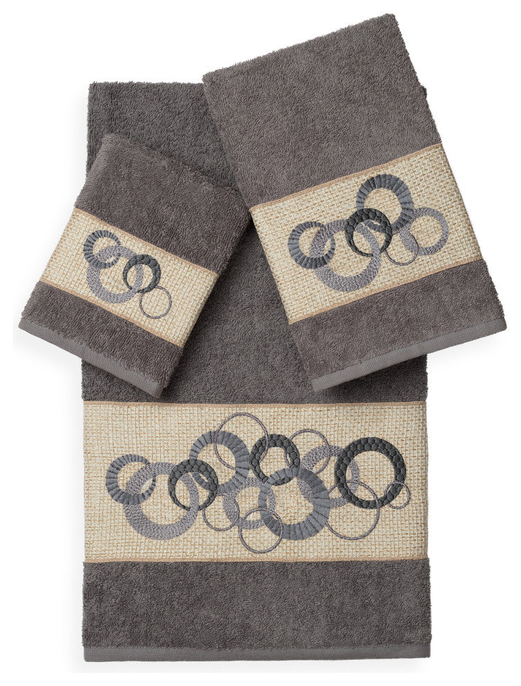 Linum Home Textiles Annabelle 3-Piece Embellished Towel Set, Dark Gray