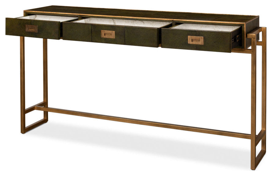 Shagreen Console Table With Drawers Leaf Green Leather