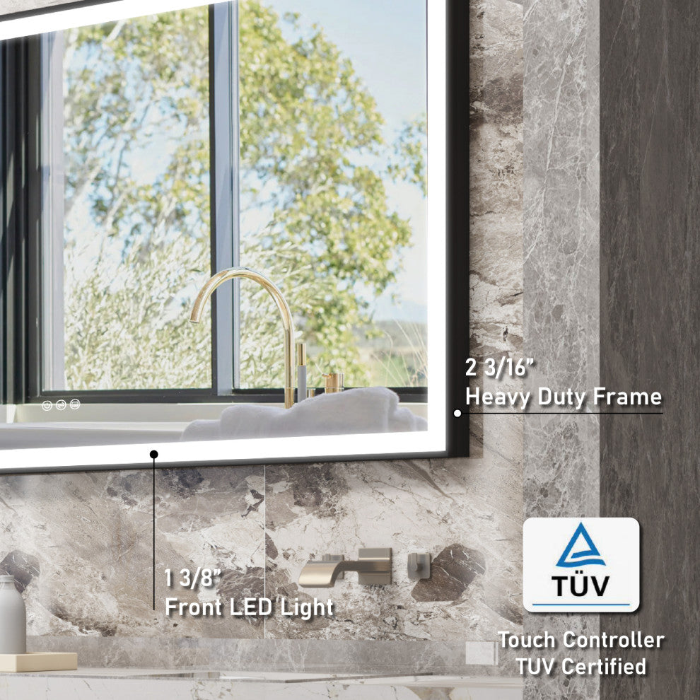 Framed LED Mirror, Dimmer, Defogger, Color Temperature, Matte Black, 72"x36"