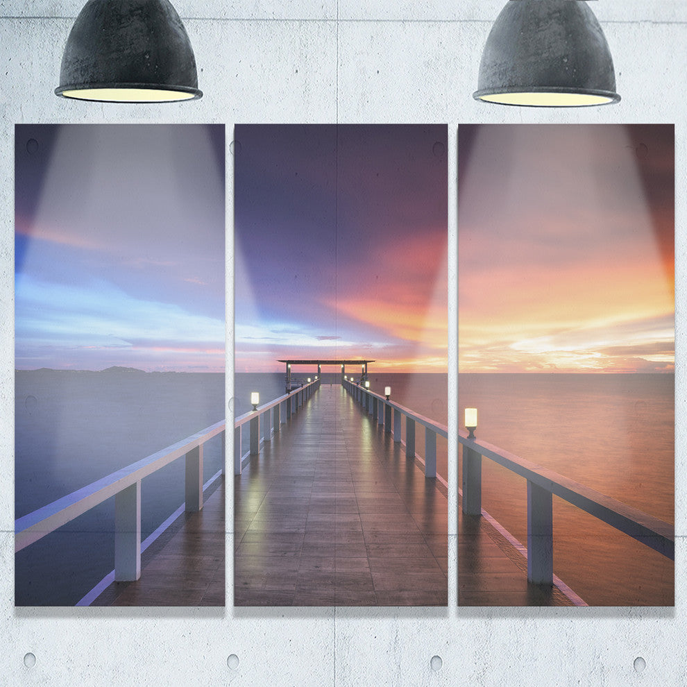 "Picturesque Seashore With Long Pier" Sea Pier Metal Wall Art, 3 Panels, 36"x28"
