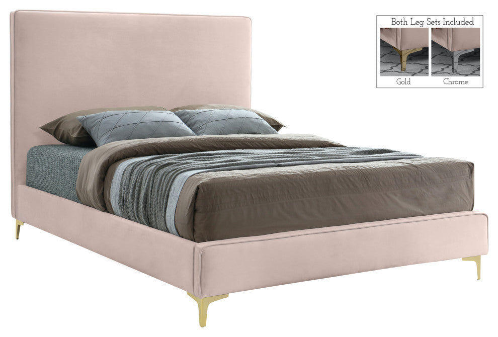 Geri Velvet Upholstered Bed, Pink, Full