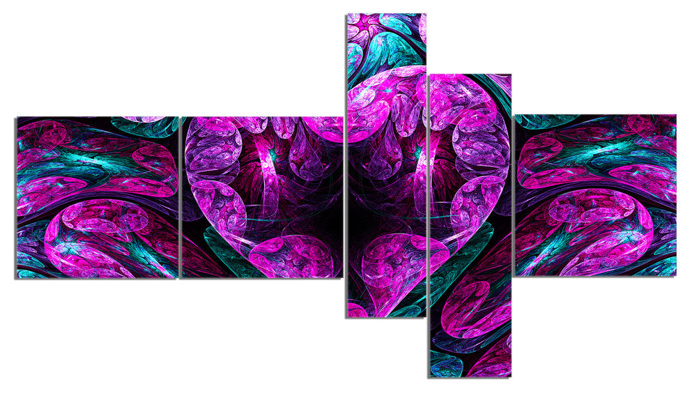 Purple Cold Mystical Heart, Floral Canvas Art Print, 60"x32", 5 panels