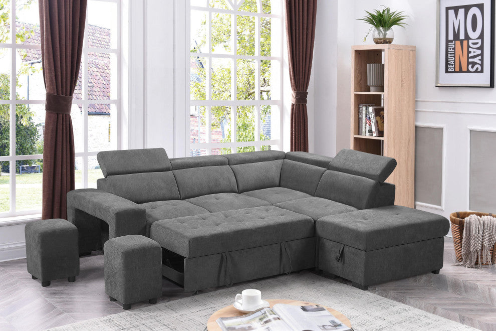 Henrik Gray Sleeper Sectional Sofa With Storage Ottoman and 2 Stools, Light Gray