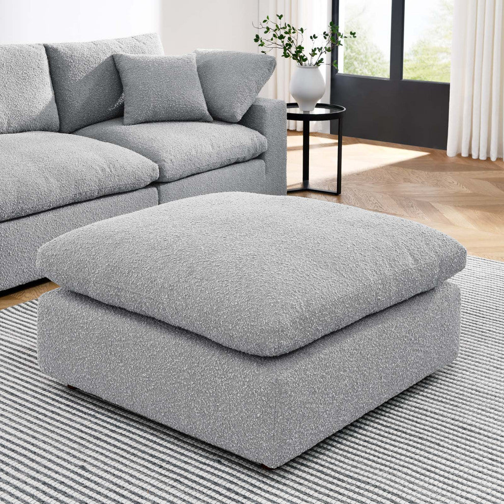 Commix Down Filled Overstuffed Boucle Fabric Ottoman, Light Gray
