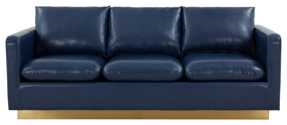 Leisuremod Nervo Modern Mid-Century Upholstered Leather Sofa With Gold Frame