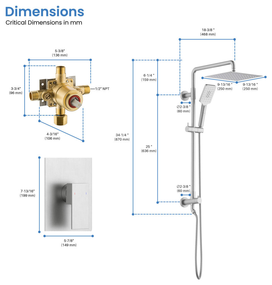 Cube 2-Function Shower Column, Rough, Valve, Brushed Nickel