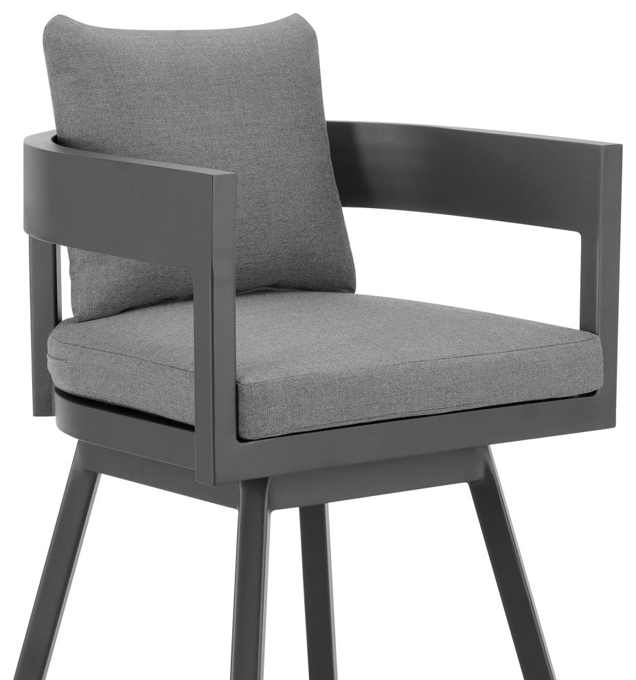 Menorca Outdoor Patio Swivel Bar Stool, Aluminum With Gray Cushions