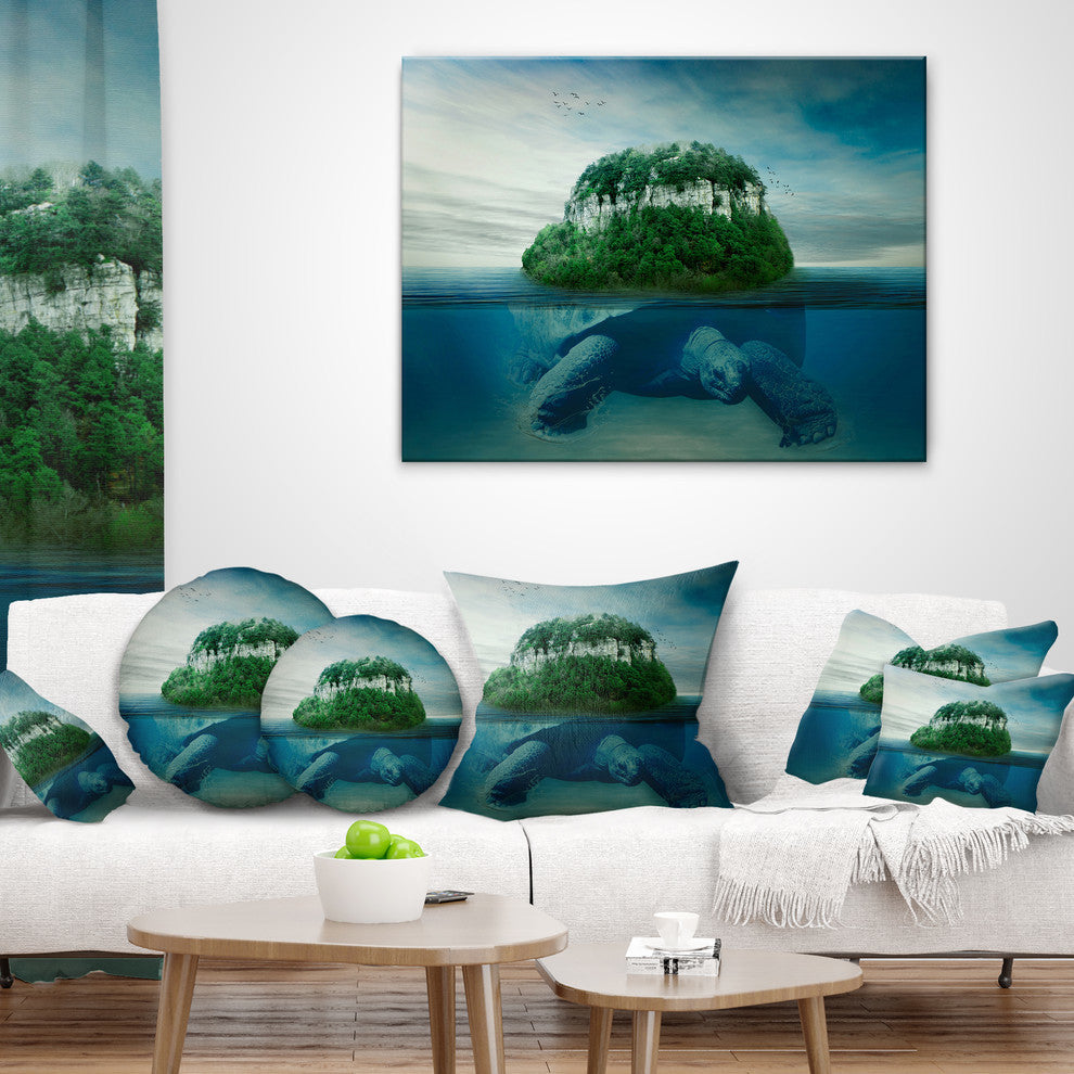 Giant Turtle Carrying Island Abstract Throw Pillow, 16"x16"