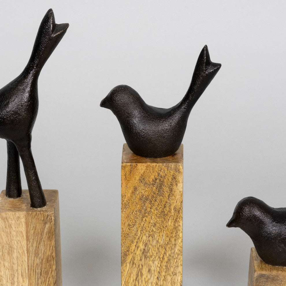Modern Farmhouse Wood and Iron Bird Sculpture Trio