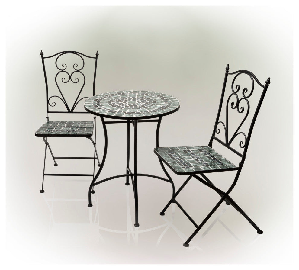 Marbled Glass Mosaic 3-Piece Bistro Set Folding Table and Chairs Patio Seating
