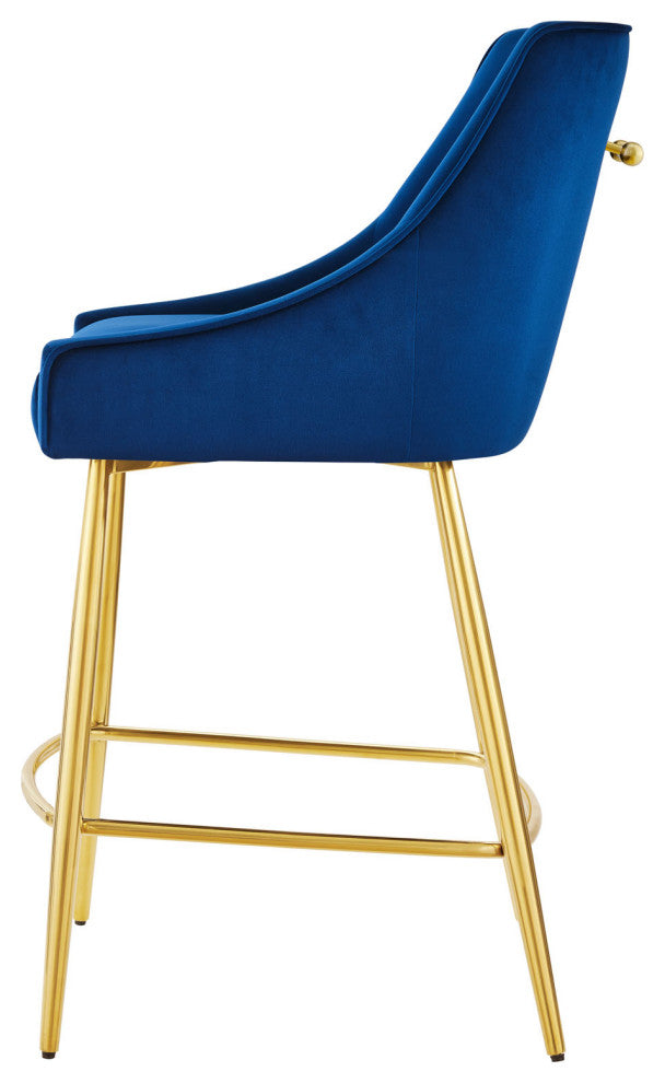 Counter Stool Chair, Set of 2, Blue Navy, Velvet, Modern, Mid Century Lounge