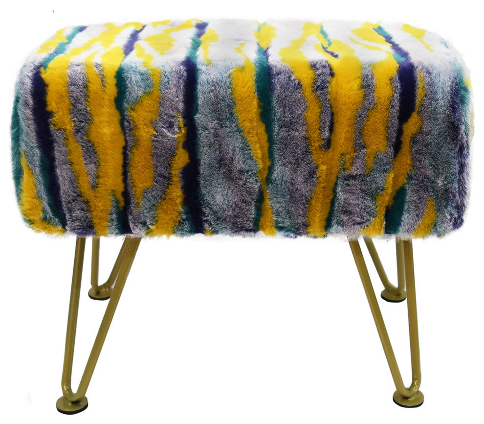 Multi Jacquard Faux Fur Ottoman, Teal, 19"x13"x7"
