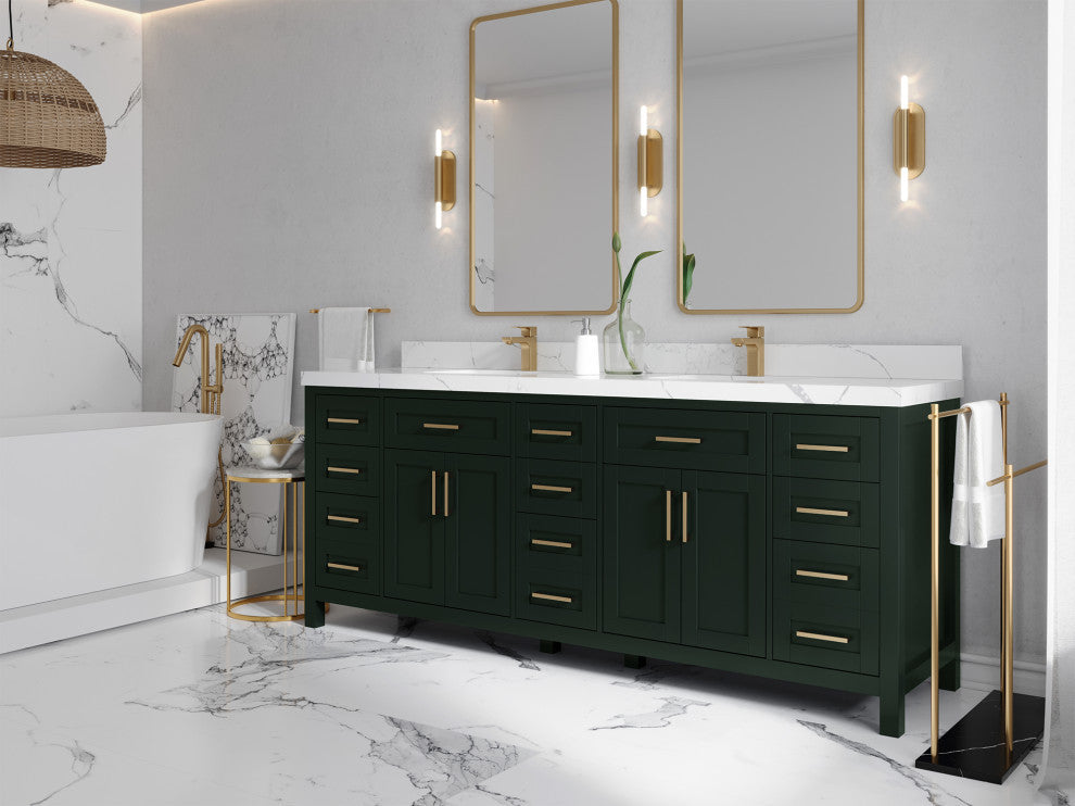 Cambridge 84 Double Sink Bath Vanity in Dark Forest Green 2" Calacatta Nuvo