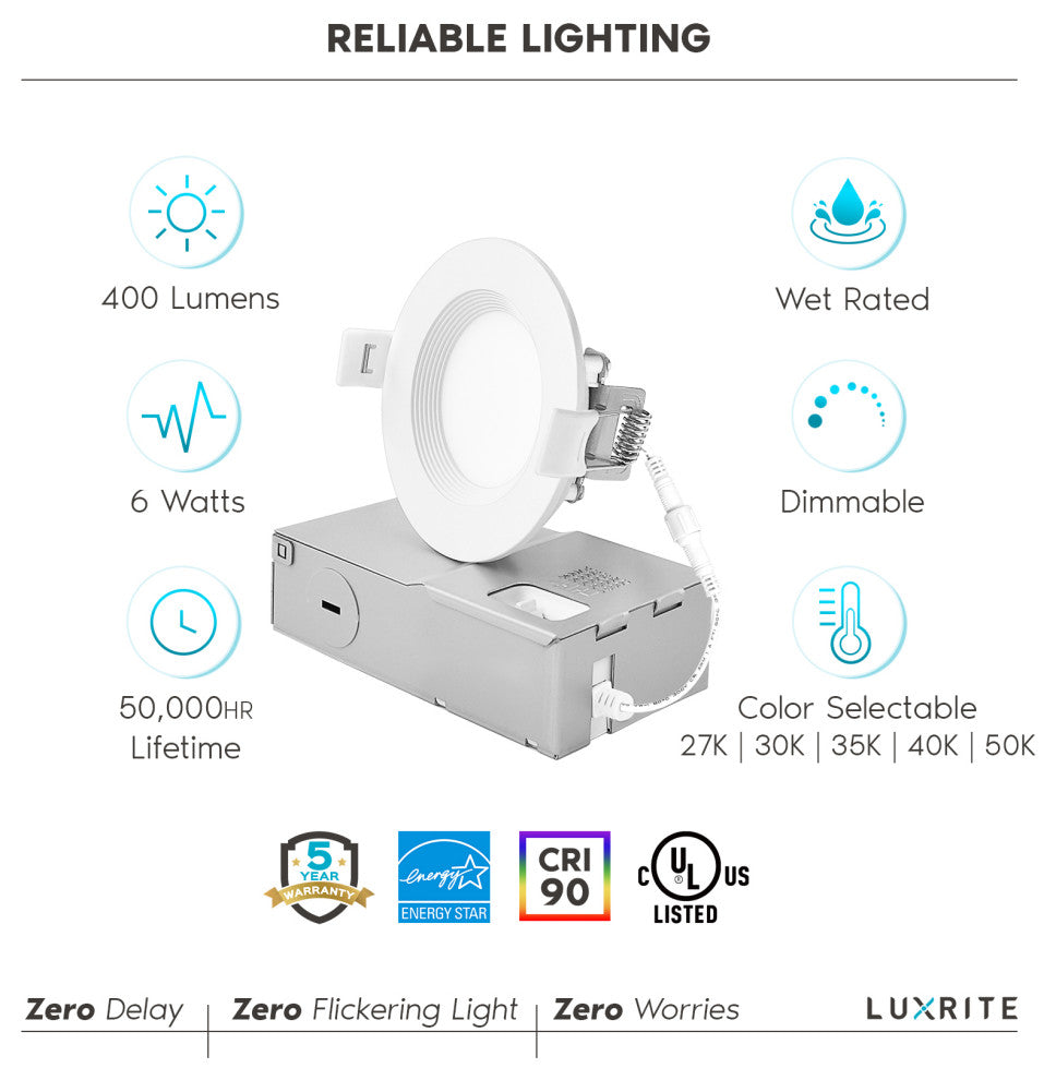 Luxrite 16PK 3" Ultra Thin LED Recessed Light 5 Color Option Baffle