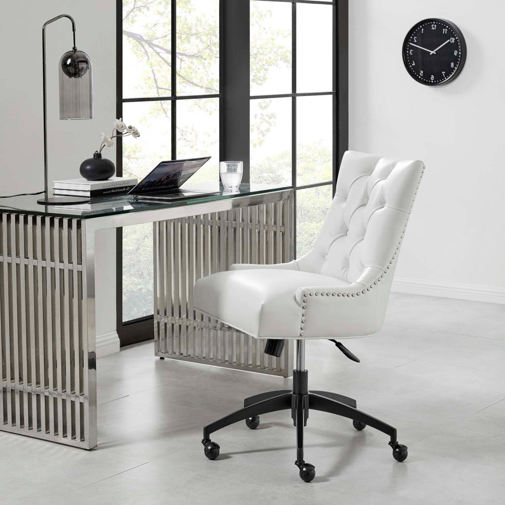 Computer Work Desk Tufted Chair, Faux Vegan Leather, Black White, Home Office