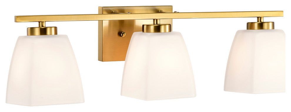 22 in. 3-Light Gold Modern Vanity Light With Square Etched White Glass Shades