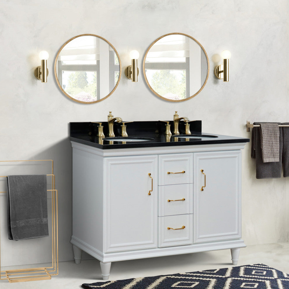 49" Double Vanity, White Finish With Black Galaxy And Oval Sink