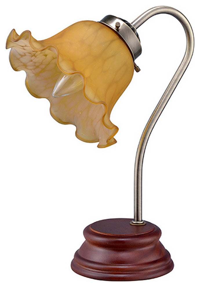 Benzara BM240310 Table Lamp With Gooseneck and Floral Shade, Brown and Yellow