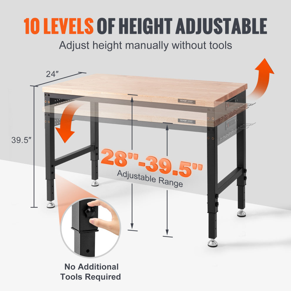 VEVOR Adjustable Height Workbench 48"L x 24"W Table With Power Outlets