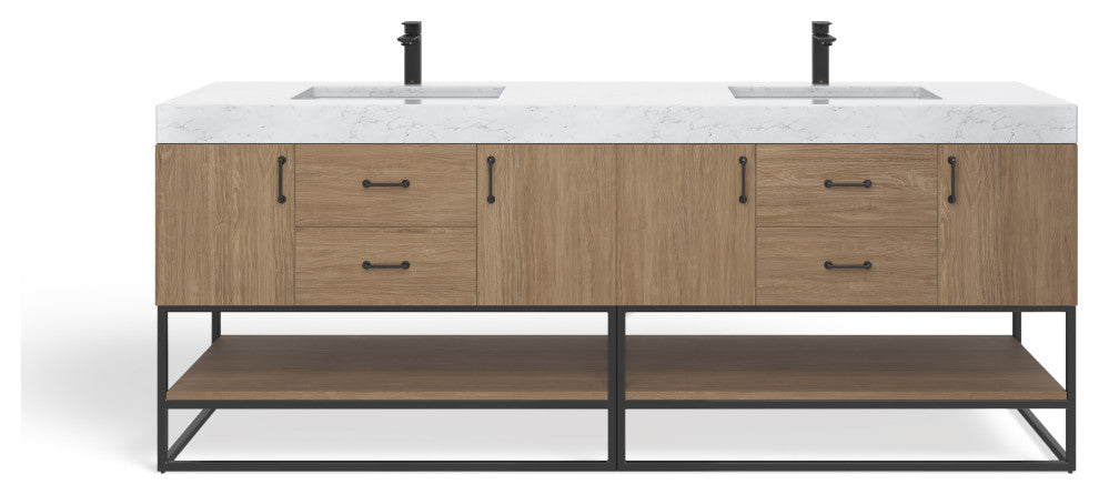 Bahia Bath Vanity, Oak, 84", Matte Black Hardware, Double, Freestanding