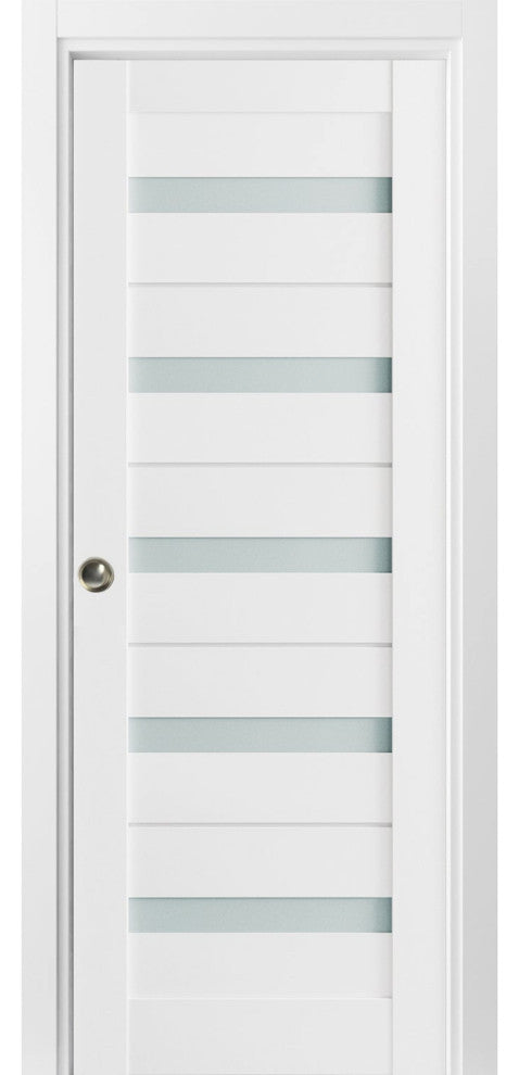 Sliding Pocket Door 28 x 80 Frosted Glass, Quadro 4445 White, Rail