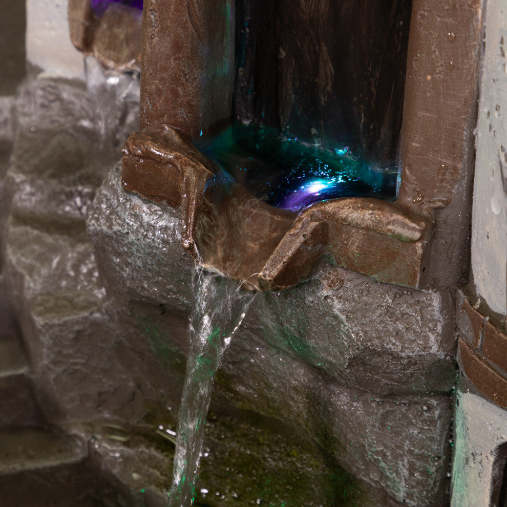 35" Tall Outdoor Tower Castle Fountain with Color Changing LED Lights