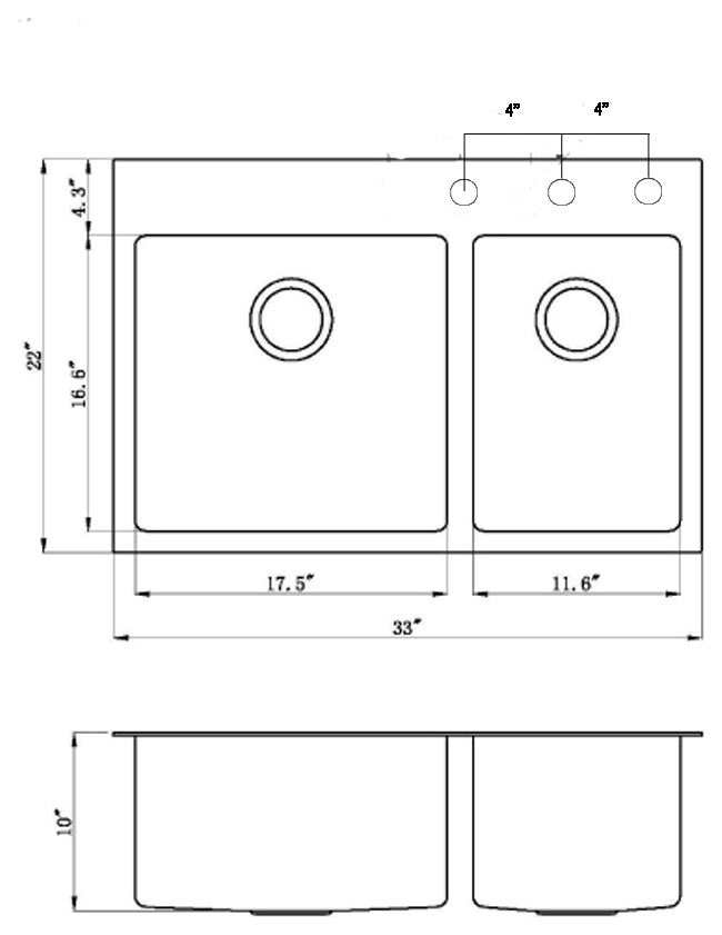33" Topmount 16 Gauge 60/40Double Bowl, Sink With Faucet and Strainer