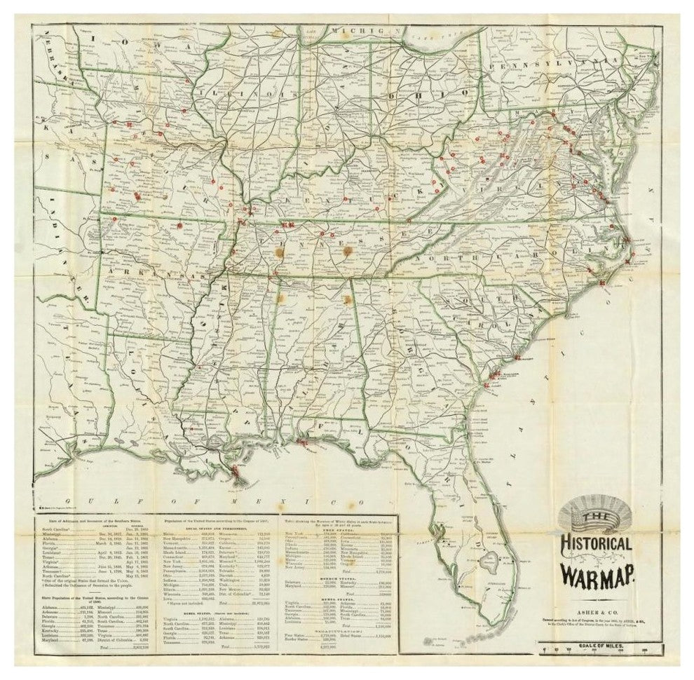 "The United States Historical War Map, 1862" Print by Asher and Company, 46"x45"