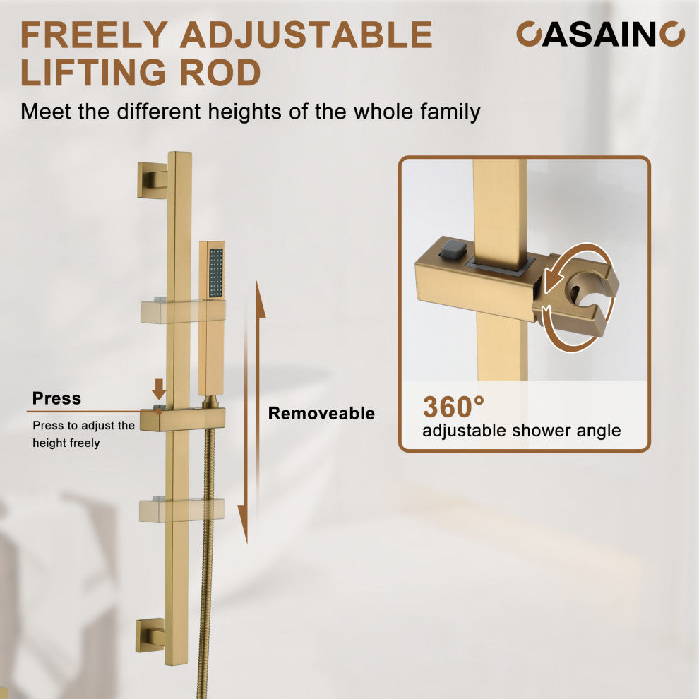 16inch Deluxe Showerhead Dual Shower Head System With Slide Bar and 6 Body Jets, Brushed Gold