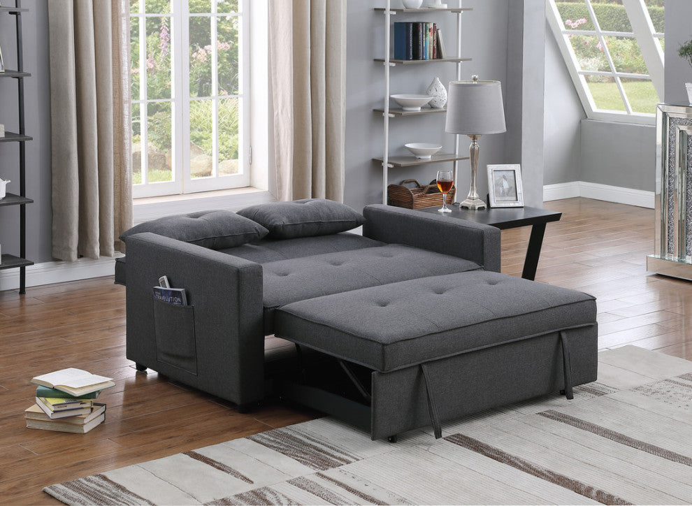 Zoey Linen Convertible Sleeper Loveseat With Side Pocket, Dark Gray