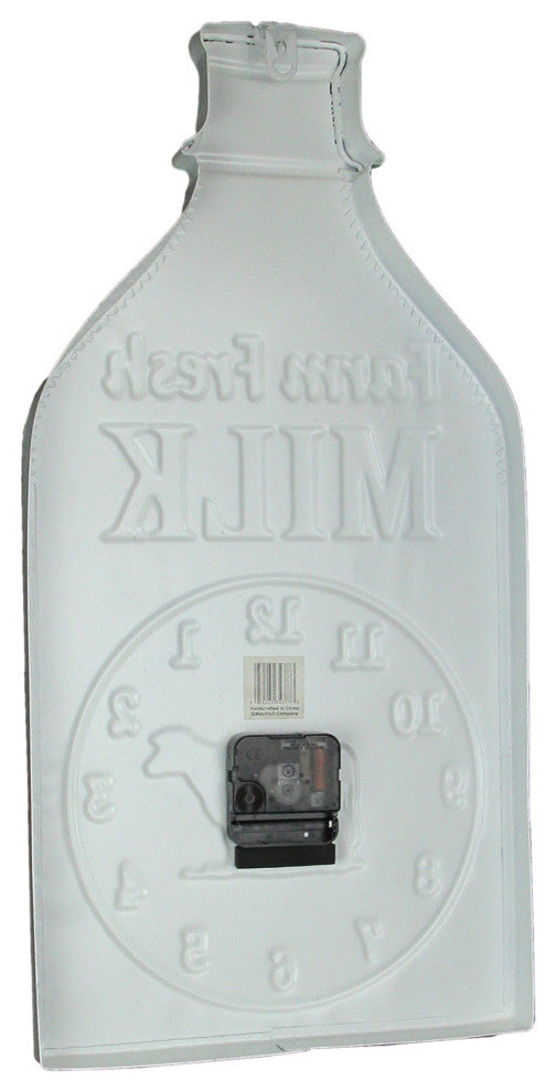 White Enamelware Stamped Metal Quart Milk Bottle Shaped Wall Clock
