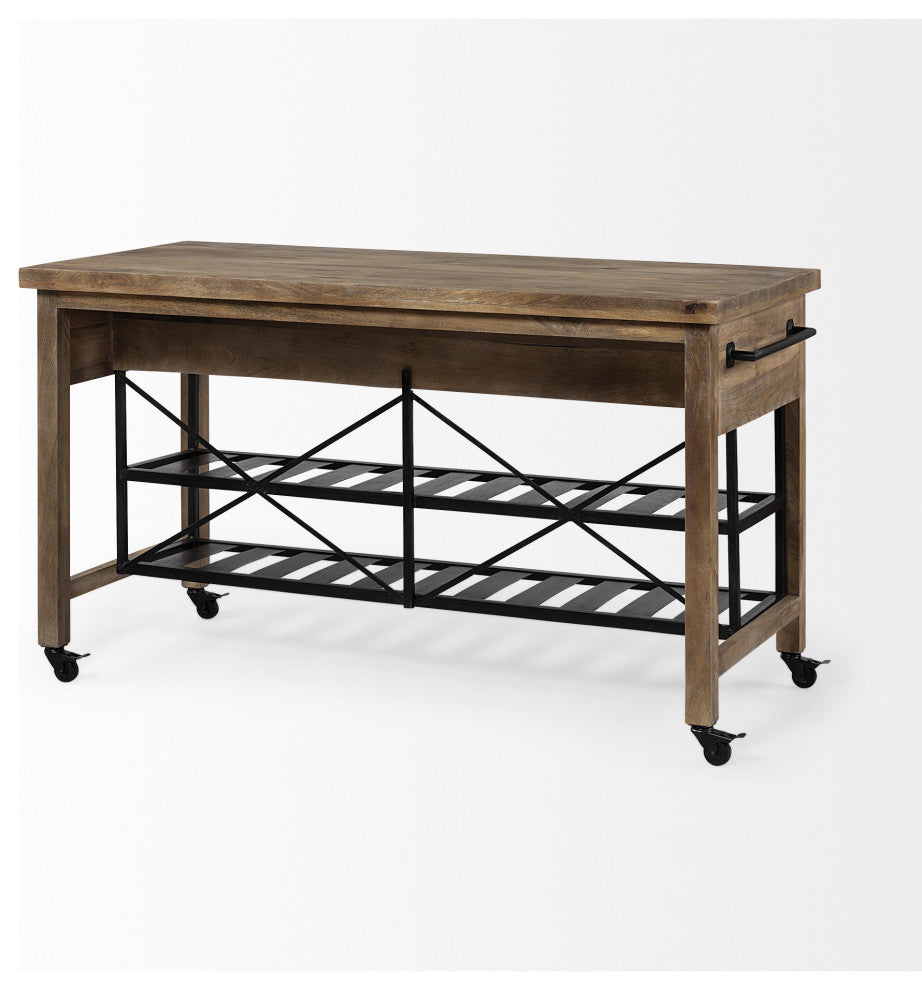 Brown Solid Wood Top Kitchen Island With Two Tier Black Metal Rolling