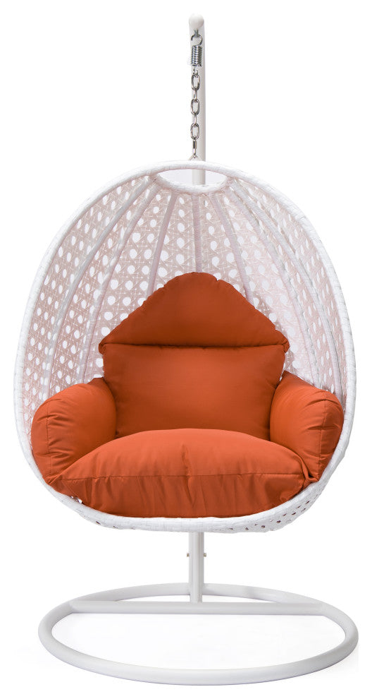 LeisureMod White Wicker Hanging Egg Chair With Stand and Cushion, Orange