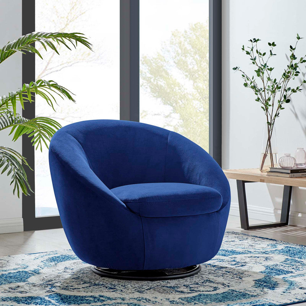 Armchair Swivel Accent Chair, Black Blue Navy, Velvet, Modern, Cafe Hospitality