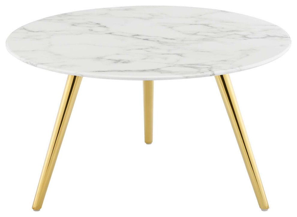 Lippa 28" Round Artificial Marble Coffee Table with Tripod Base Gold White