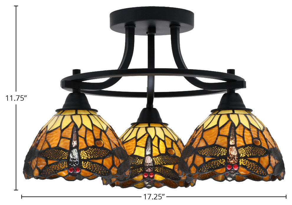 Paramount 3-Light Semi-Flush Light, Matte Black, 7" Amber Dragonfly Art Glass
